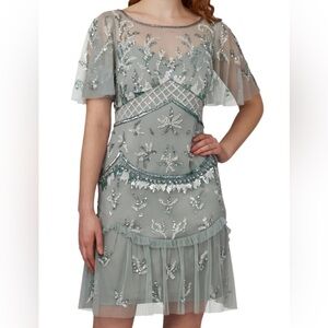 Adrianna Papell Sage Embellished Midi Dress Beaded Ruffled Sheer Flutter-Sleeve